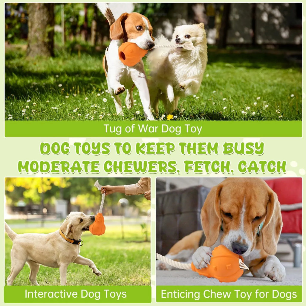 Natural rubber stuffable dog toy with long strap for fetch and treat dispensing