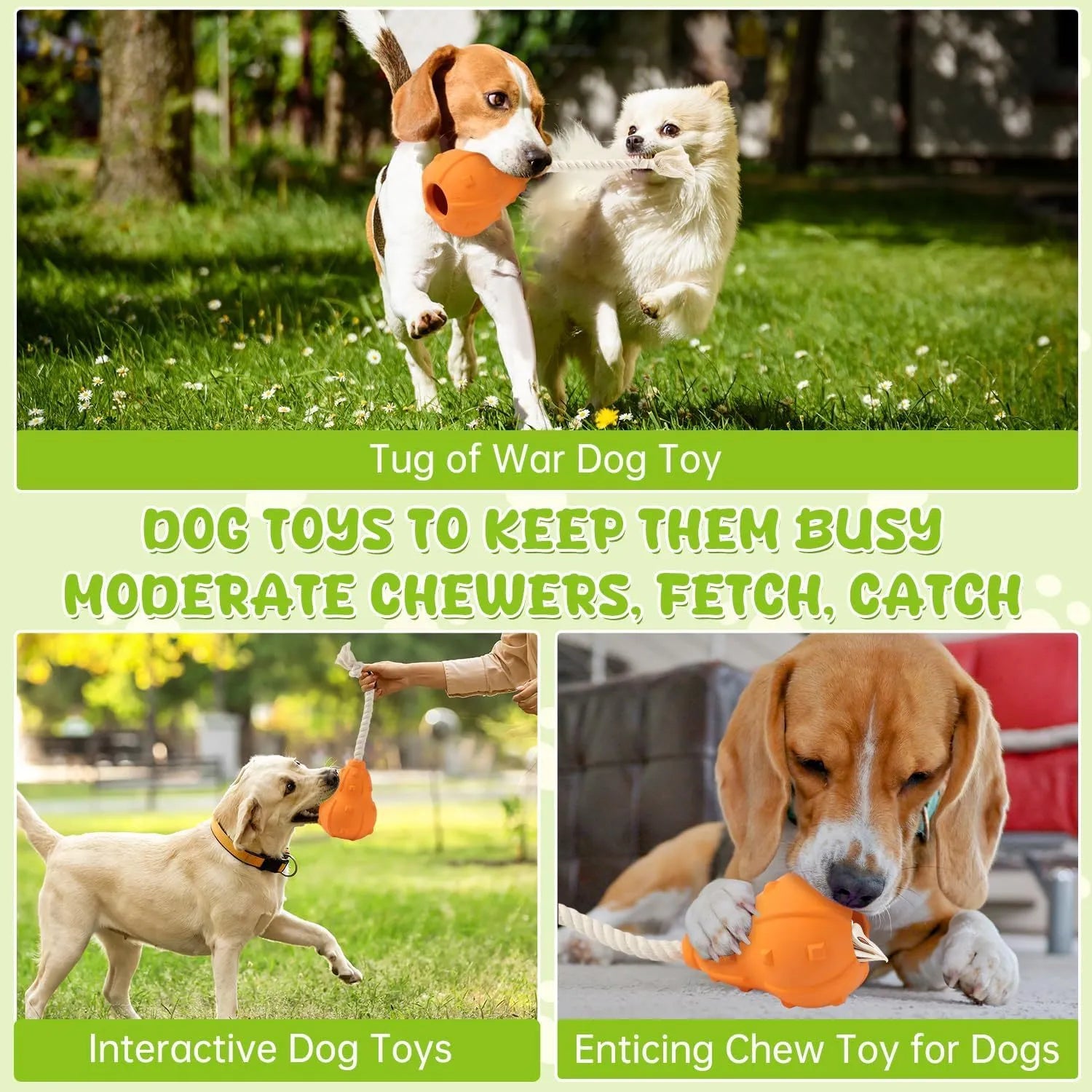 Natural rubber stuffable dog toy with long strap for fetch and treat dispensing