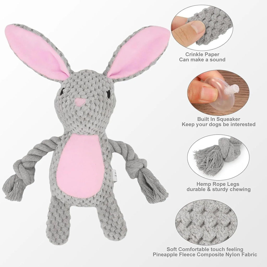 Plush dog toy with squeaker, crinkle paper and cotton rope in animal designs for small medium dogs