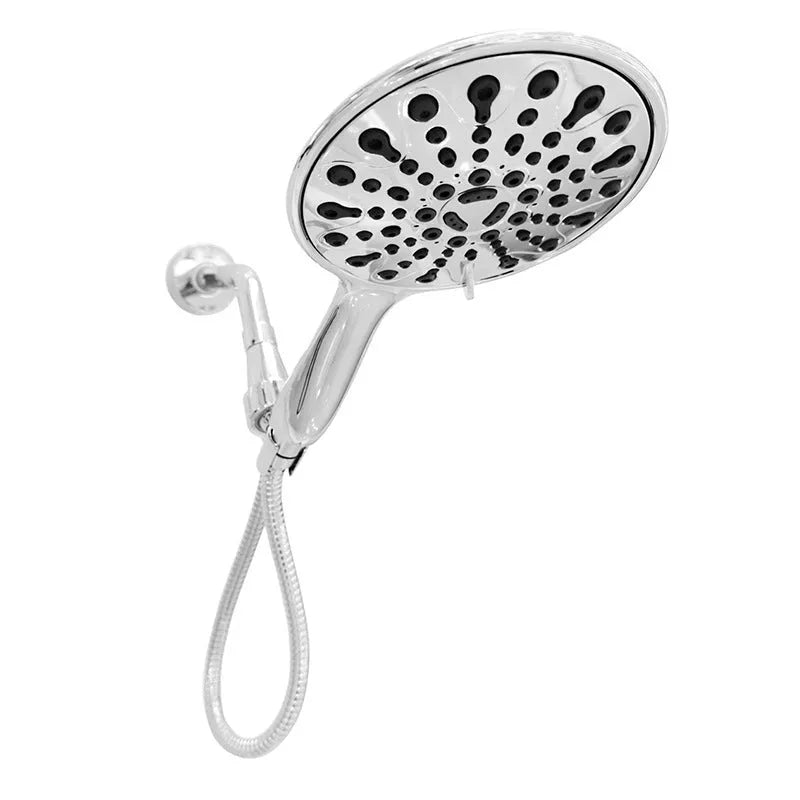 Silver electroplated handheld shower head with massage, bubble, and rain spray settings.