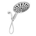 Silver electroplated handheld shower head with massage, bubble, and rain spray settings.