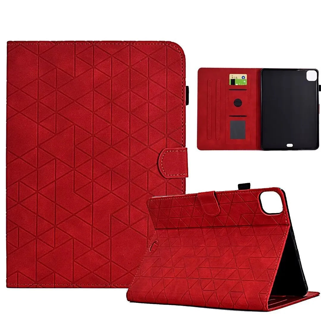iPad Pro 11 leather case in Diamond Black showing integrated card holder and folded-out viewing bracket.