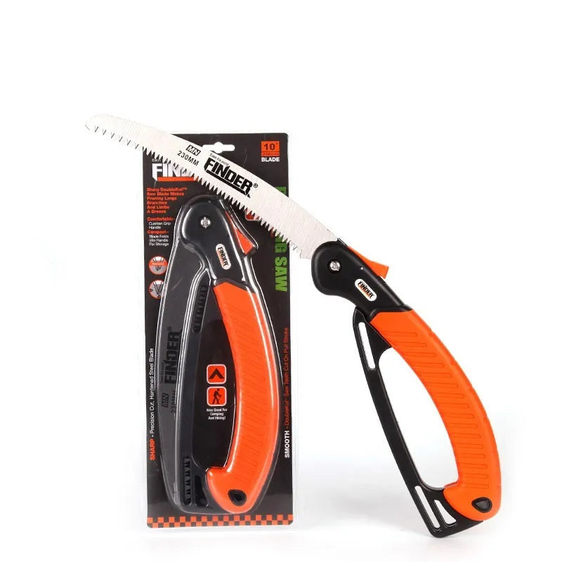 A folded and unfolded view of a 230mm folding garden saw with a TPR grip and steel blade.