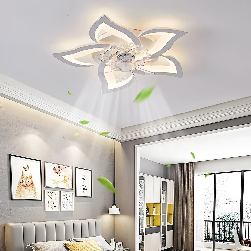 Modern white ceiling fan light with six blades and integrated light, bauhinia flower design.