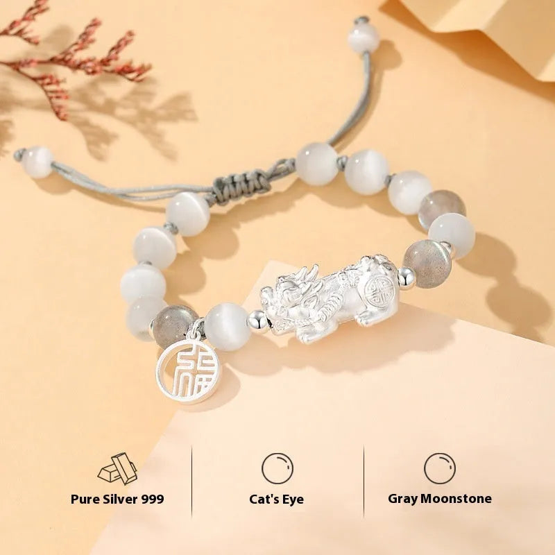 Hand-woven 999 sterling silver couple bracelet in black, white, or set with animal tassel details.