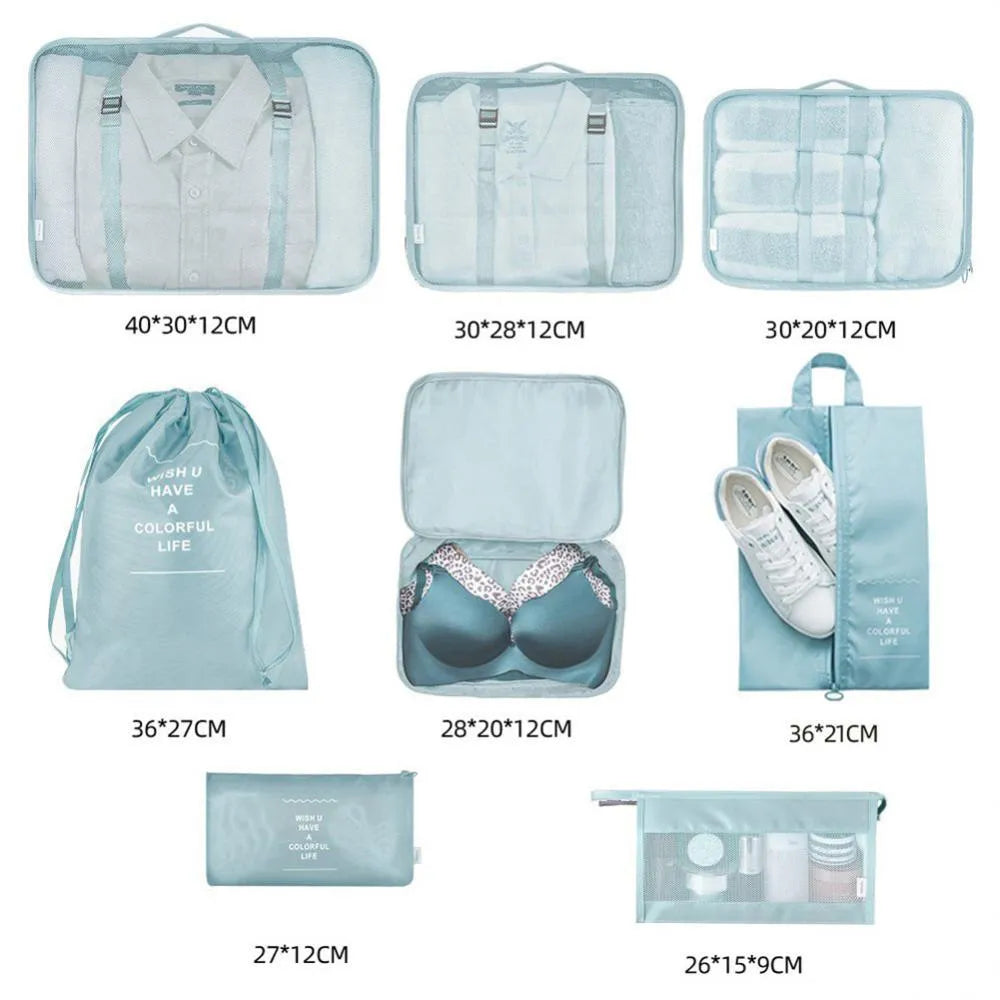 8-piece nylon packing cube set in beige, black, bright blue, gray, Korea Lan, pink, and navy colours for travel organisation
