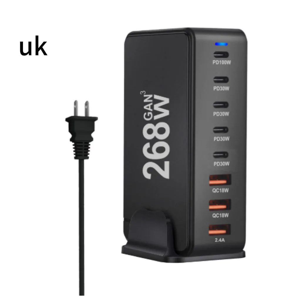 268W gallium nitride 8-port desktop charger with 5 USB-C and 3 USB-A ports in white colour