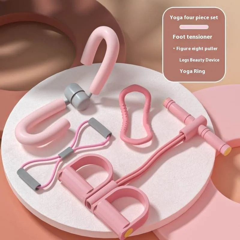 Yoga four piece fitness set showing leg stretcher, yoga ring, pedal device, and resistance ropes.