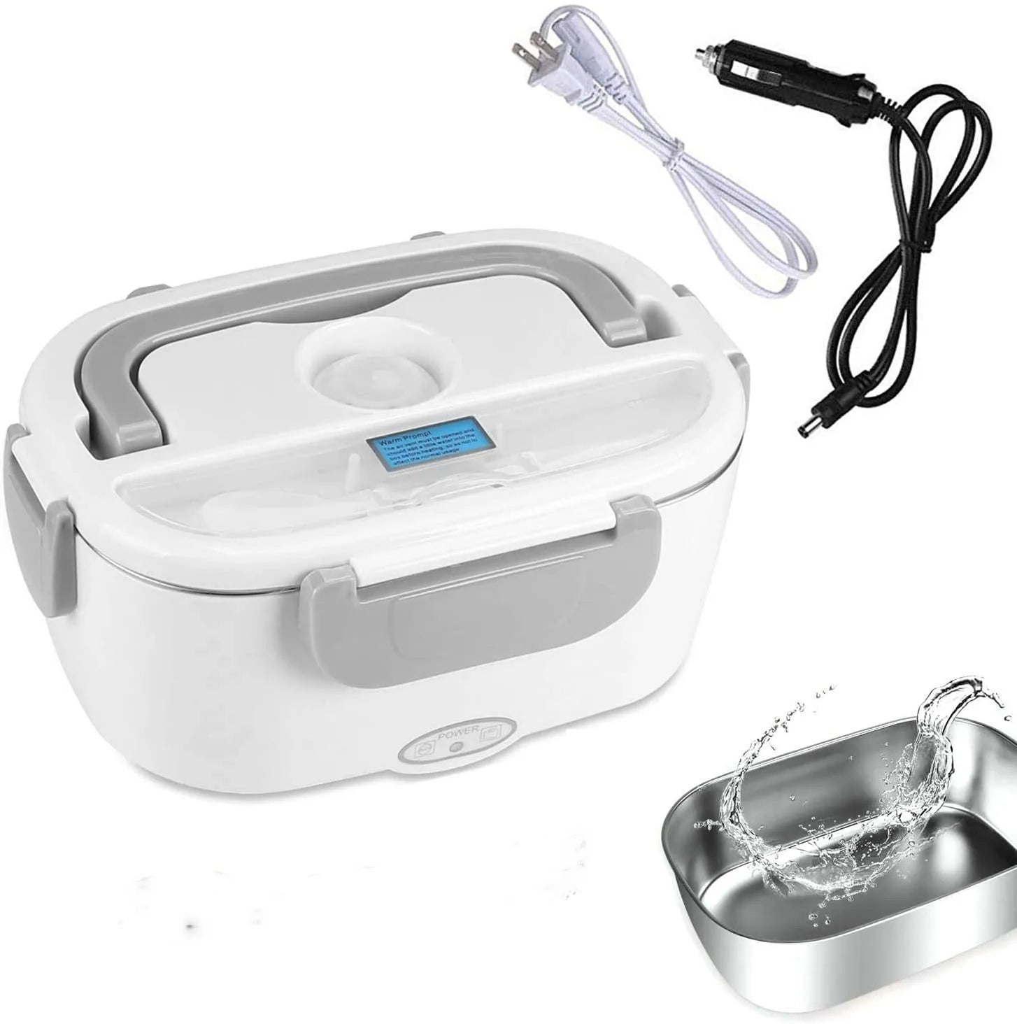 Grey dual voltage electric lunch box with plastic body shown next to a car socket and mains plug