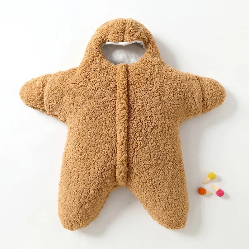 Cashmere and cotton baby sleeping bag with hood in starfish lamb velvet design