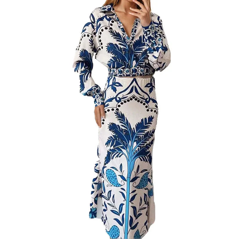 Women's long sleeve polyester casual set with pants in picture colour, shown on a model.