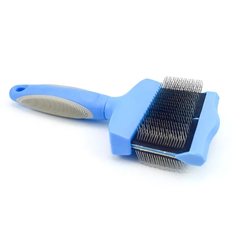 Double-sided pet brush with stainless steel pins and blue ABS handle for dog and cat grooming
