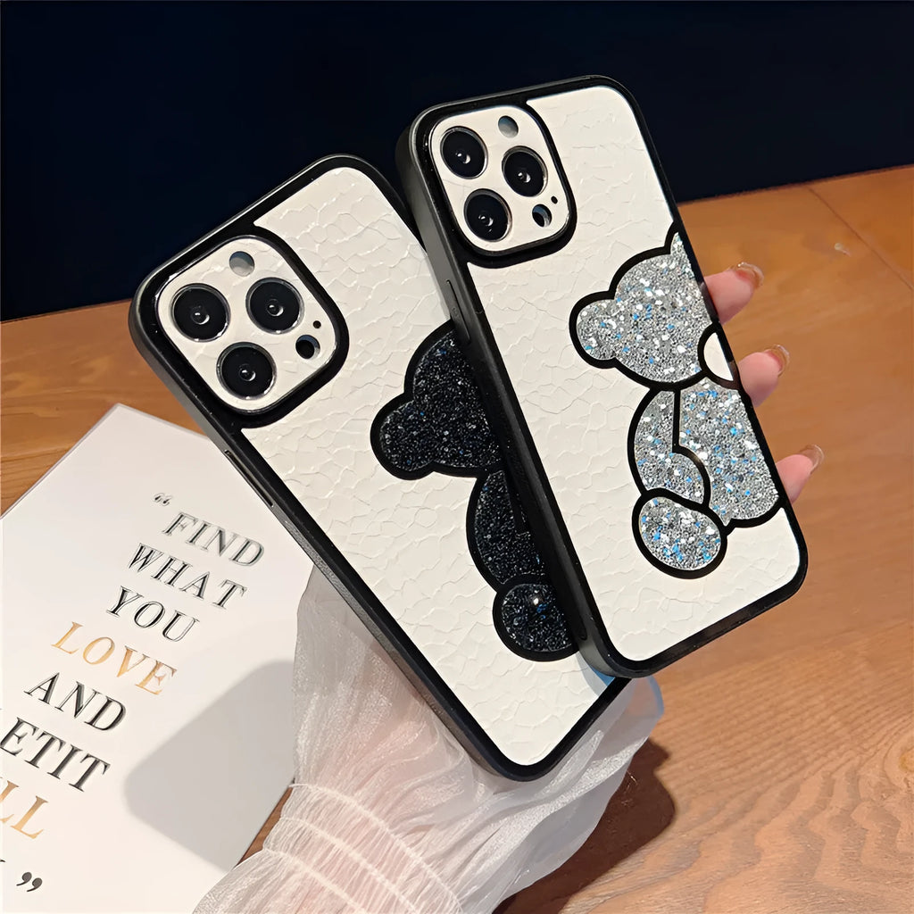 Cute bear silicone skin cover case for iPhone in glitter silver with cartoon design
