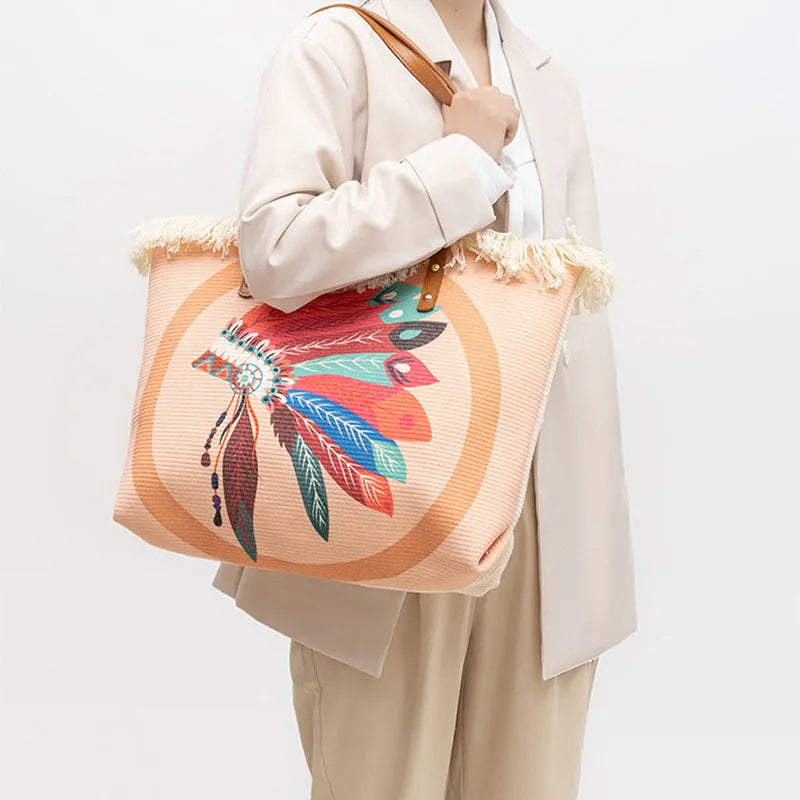Bohemian ethnic print canvas shoulder bag with large capacity 50cm by 30cm in polyester cotton