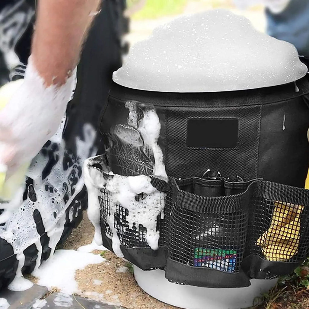 Black cylindrical polyester hanging storage bag fitted on a 5-gallon barrel.