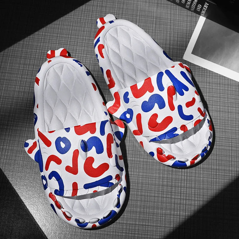 Shark-themed couple EVA slippers in open-toe style on a colour selection background.
