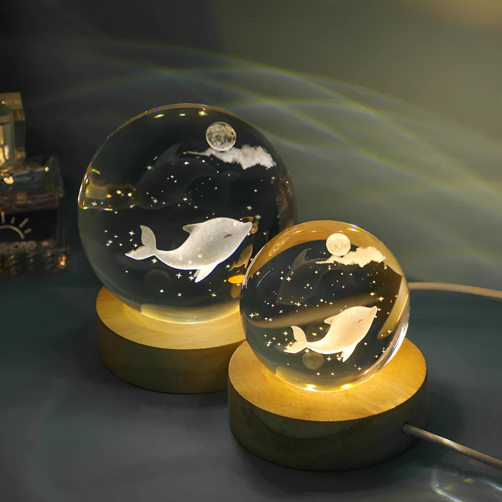 Transparent crystal ball night lamp with carved 3D jellyfish design, USB powered with optional natural light base