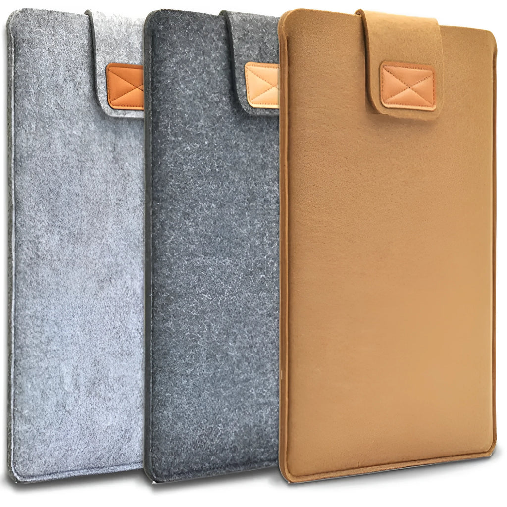 Dark gray felt laptop bag open showing plush lining and tablet compartment
