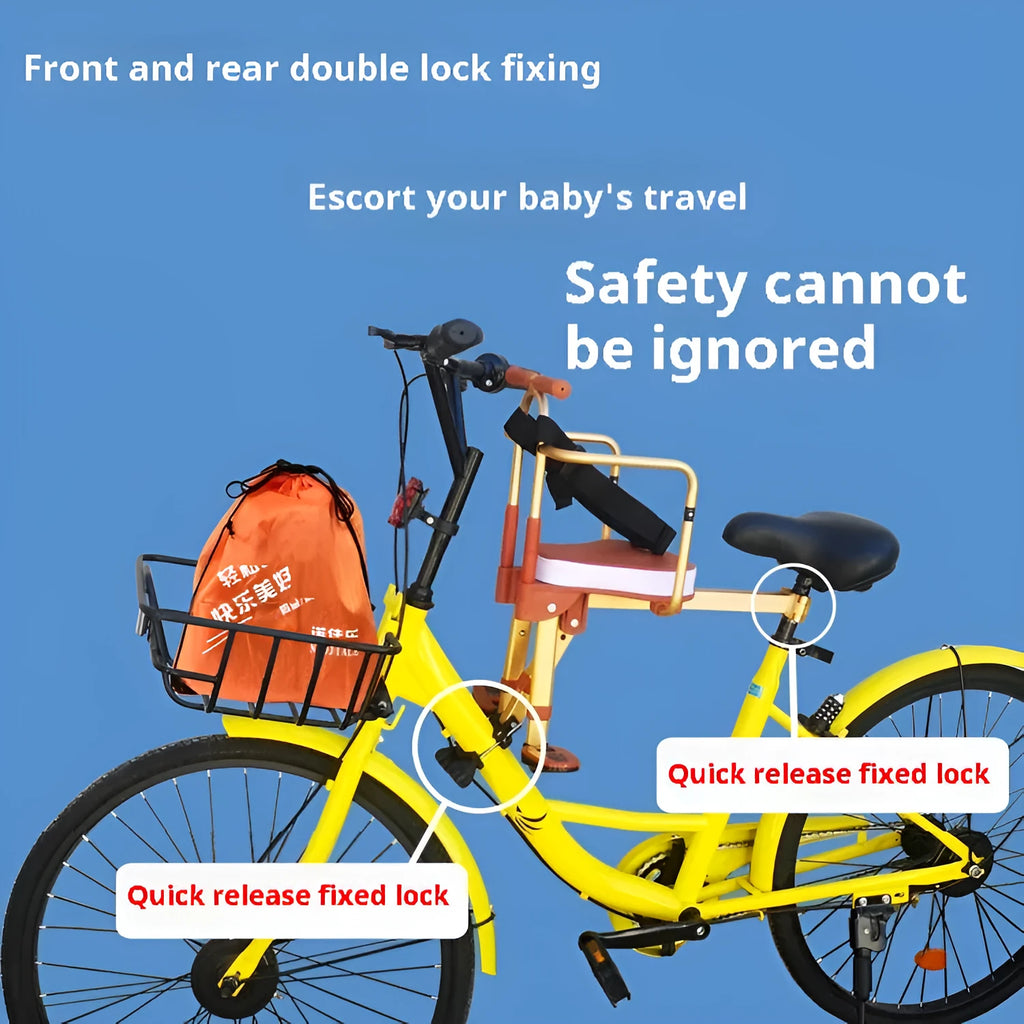 Aluminium alloy front-mounted folding children's bicycle seat in yellow with handrail attached to an ordinary bike