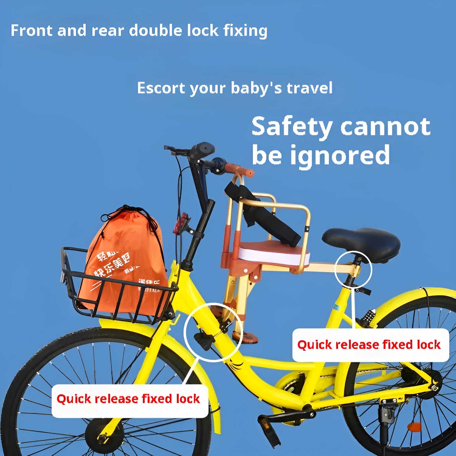 Aluminium alloy front-mounted folding children's bicycle seat in yellow with handrail attached to an ordinary bike