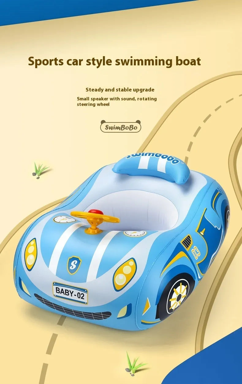 Pink inflatable car-shaped swimming ring with cartoon sports boat design for children.