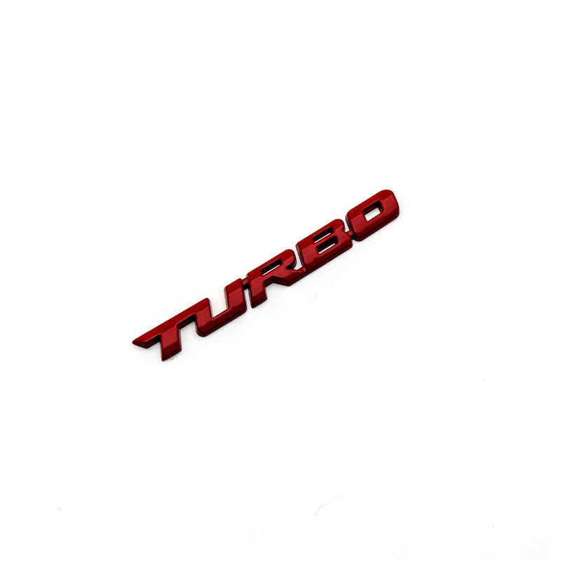 3D TURBO stereo car sticker in zinc alloy with raised letter design, available in black, red, and silver colours