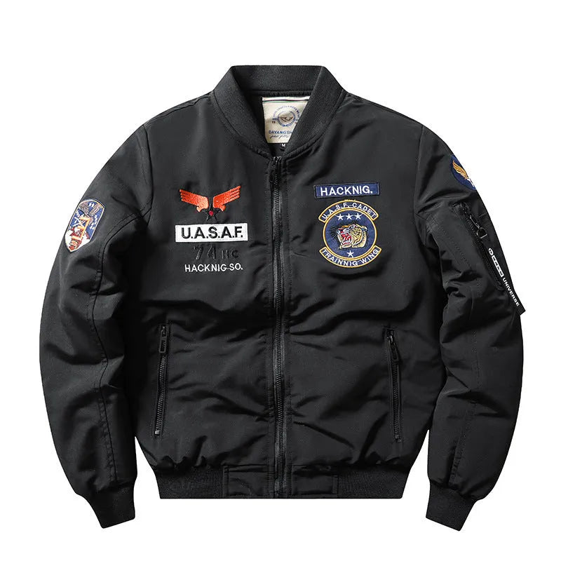 A man's slim-fit black retro motorcycle jacket with a stand collar, embroidery detail, and patch pockets.