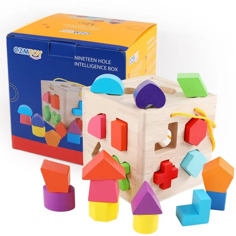 Wooden geometric shape matching baby building blocks with intelligence boxes and wheels for infants 0-3 years