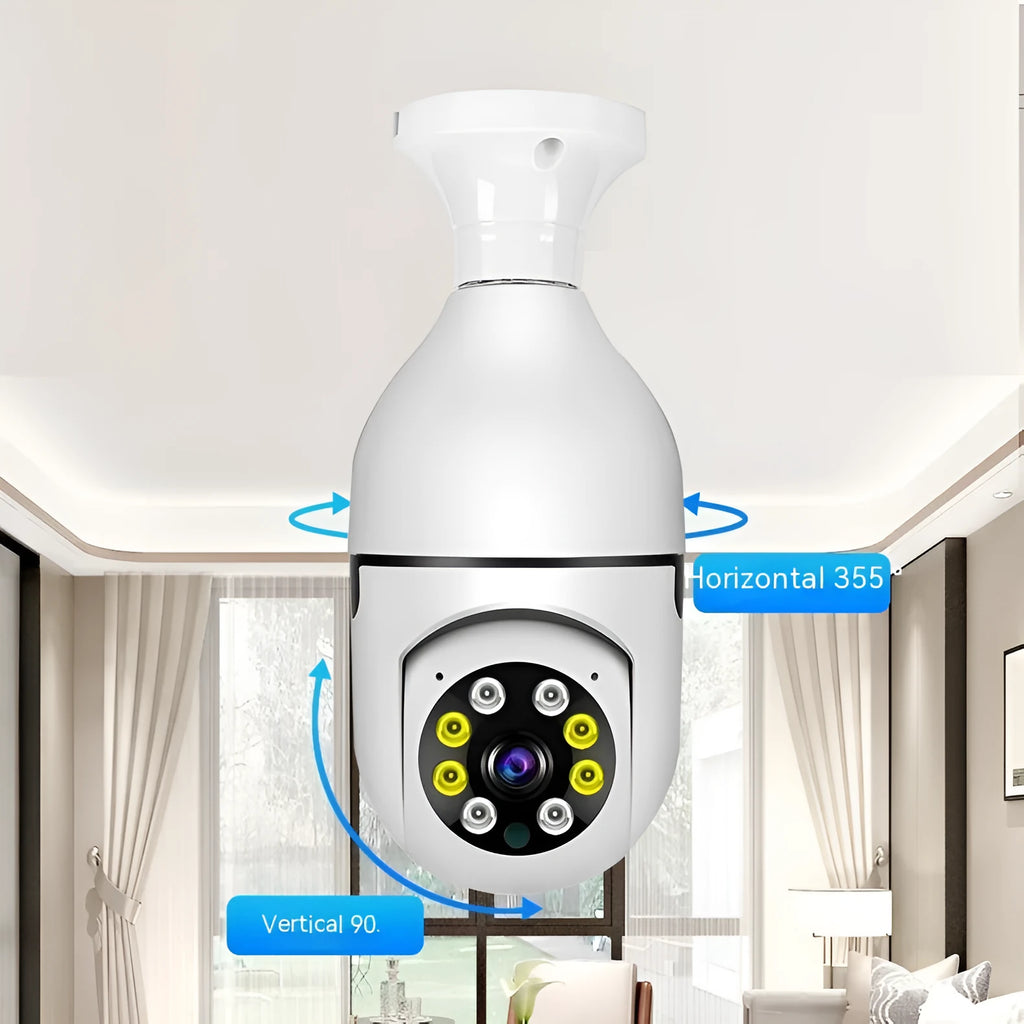 White wireless wifi bulb security camera with lens, showing 5cm diameter and 12cm height.