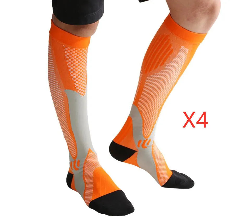 Unisex graduated compression socks in various colours with size measurement details