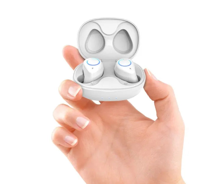 M18 true wireless stereo in-ear headphones in black and white colours showing compact design