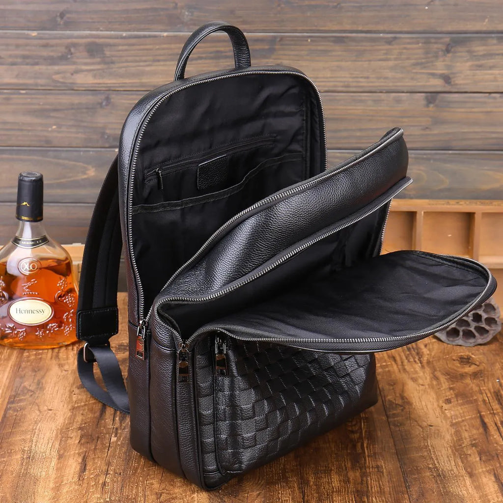 Genuine leather men's business commute bag black with contrast colour trim and airpillow straps
