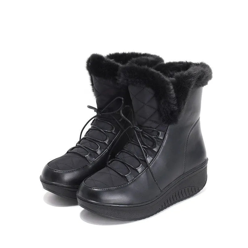 Black women's winter boots with lace-up closure, water-resistant PU leather, and a plush lining.
