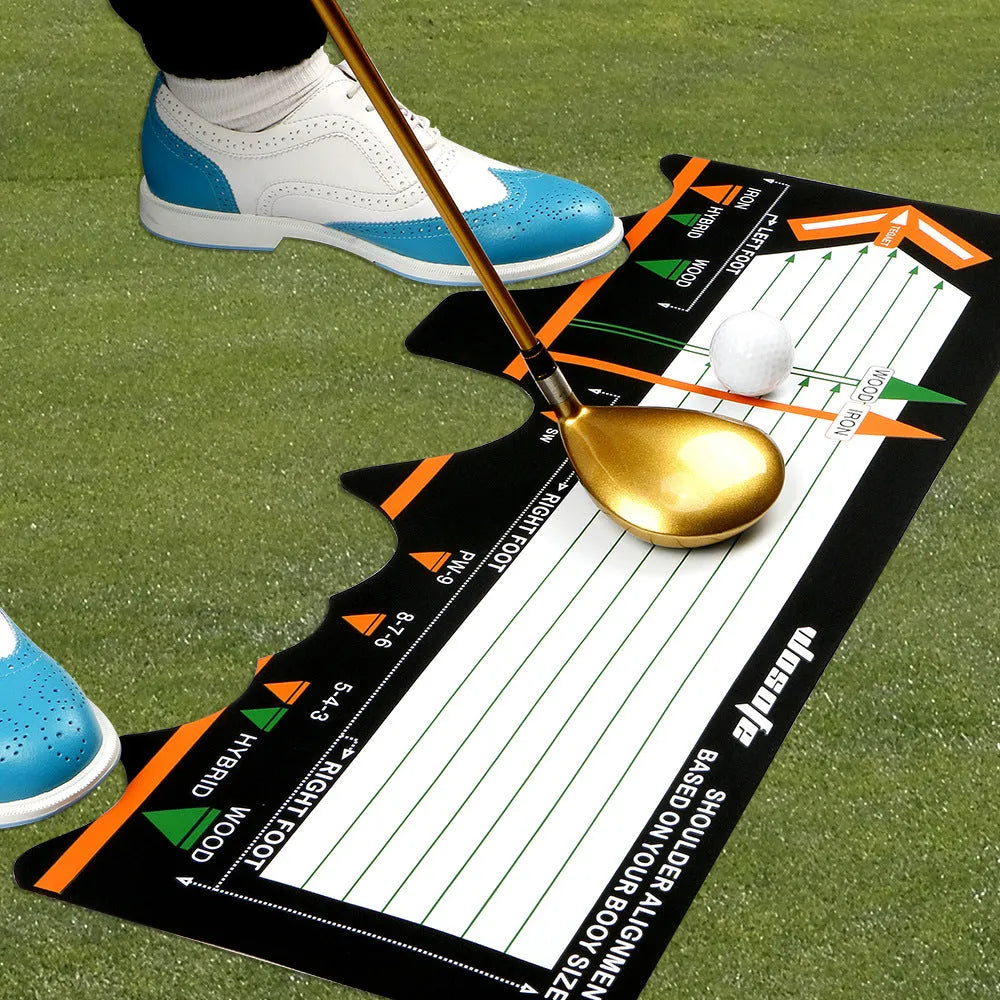 Black neoprene golf swing posture correction mat for stance training and alignment practice