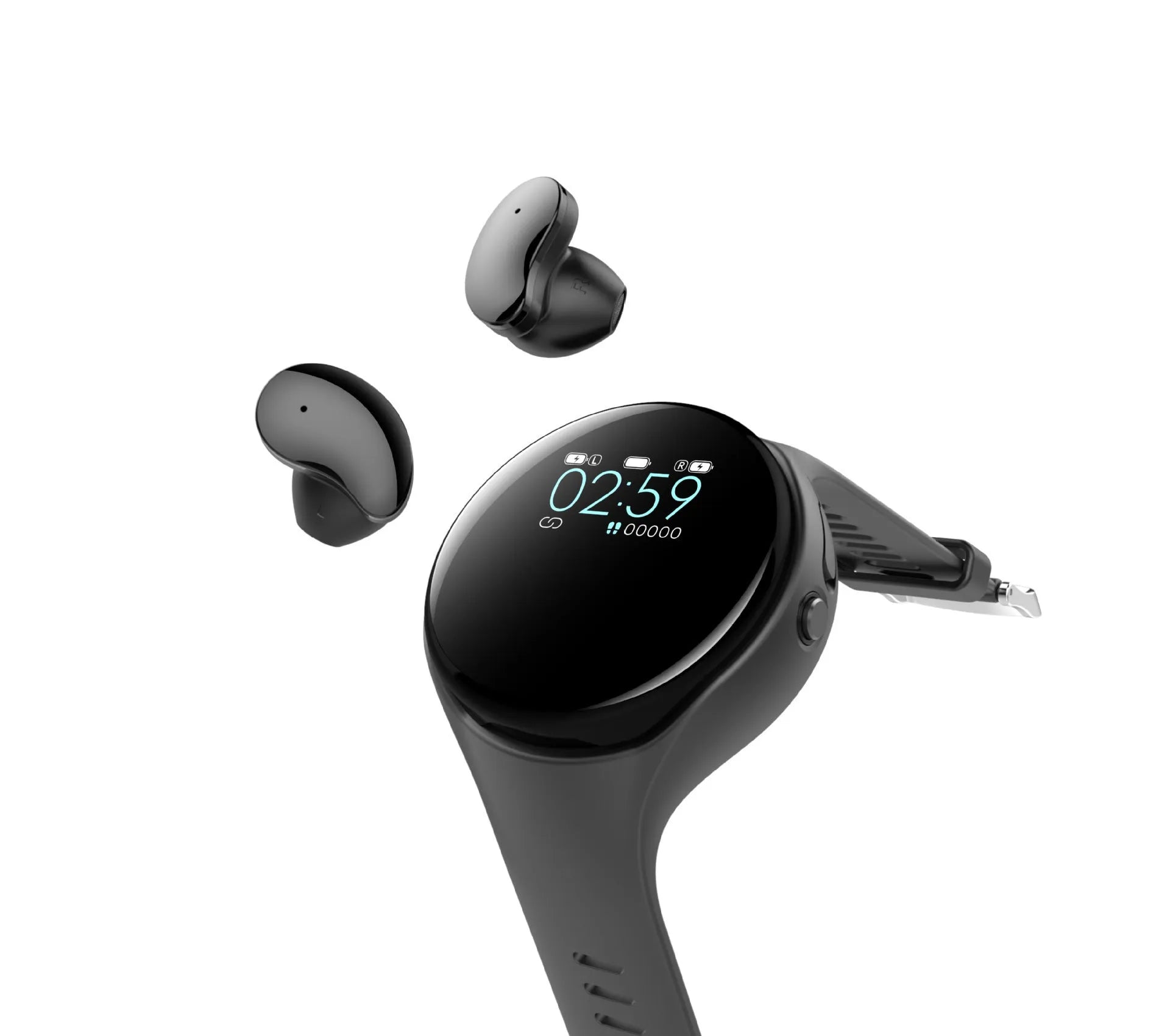 Black Bluetooth headset integrated with detachable smart bracelet showing colour screen display