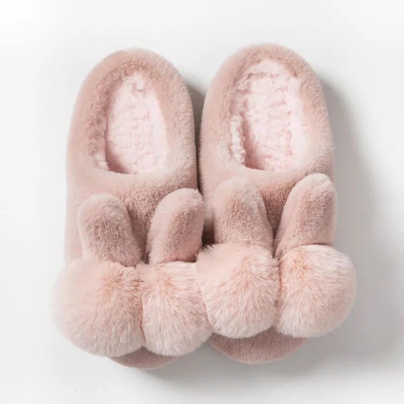 Women's high-top bunny fluffy slippers in creamy white with a flower pattern and rabbit fur.