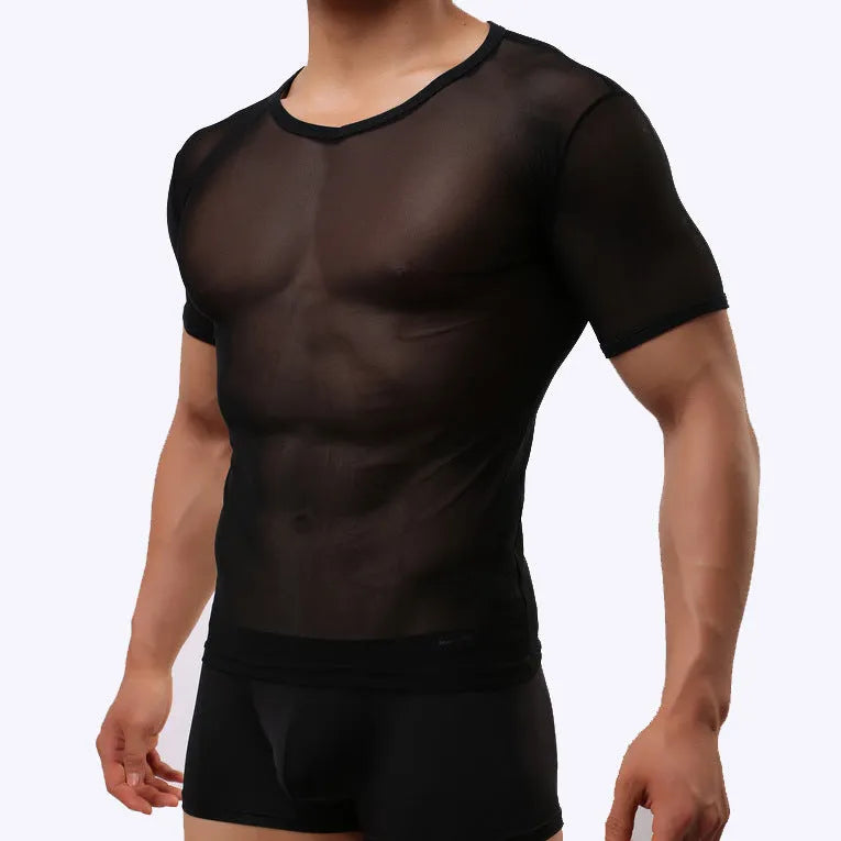 Men's slim fit transparent mesh T-shirt in solid colour with short sleeves