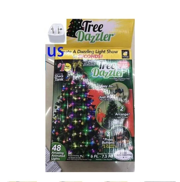 A 1.8 metre long string of 64 colourful LED Christmas lights wrapped around a green tree.