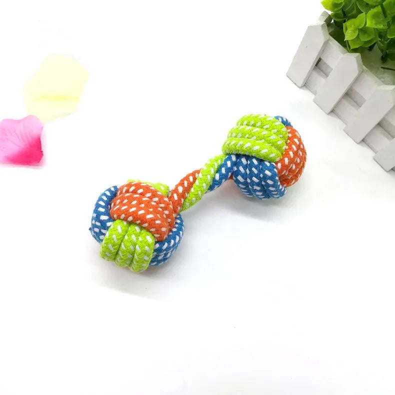 Small dumbbell cotton rope toy in multicolor, approximately 17cm length, for puppy chewing