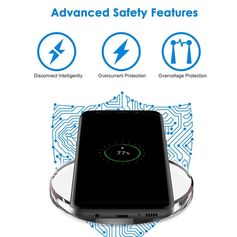Black wireless charging pad compatible with Samsung Galaxy and iPhone smartphones