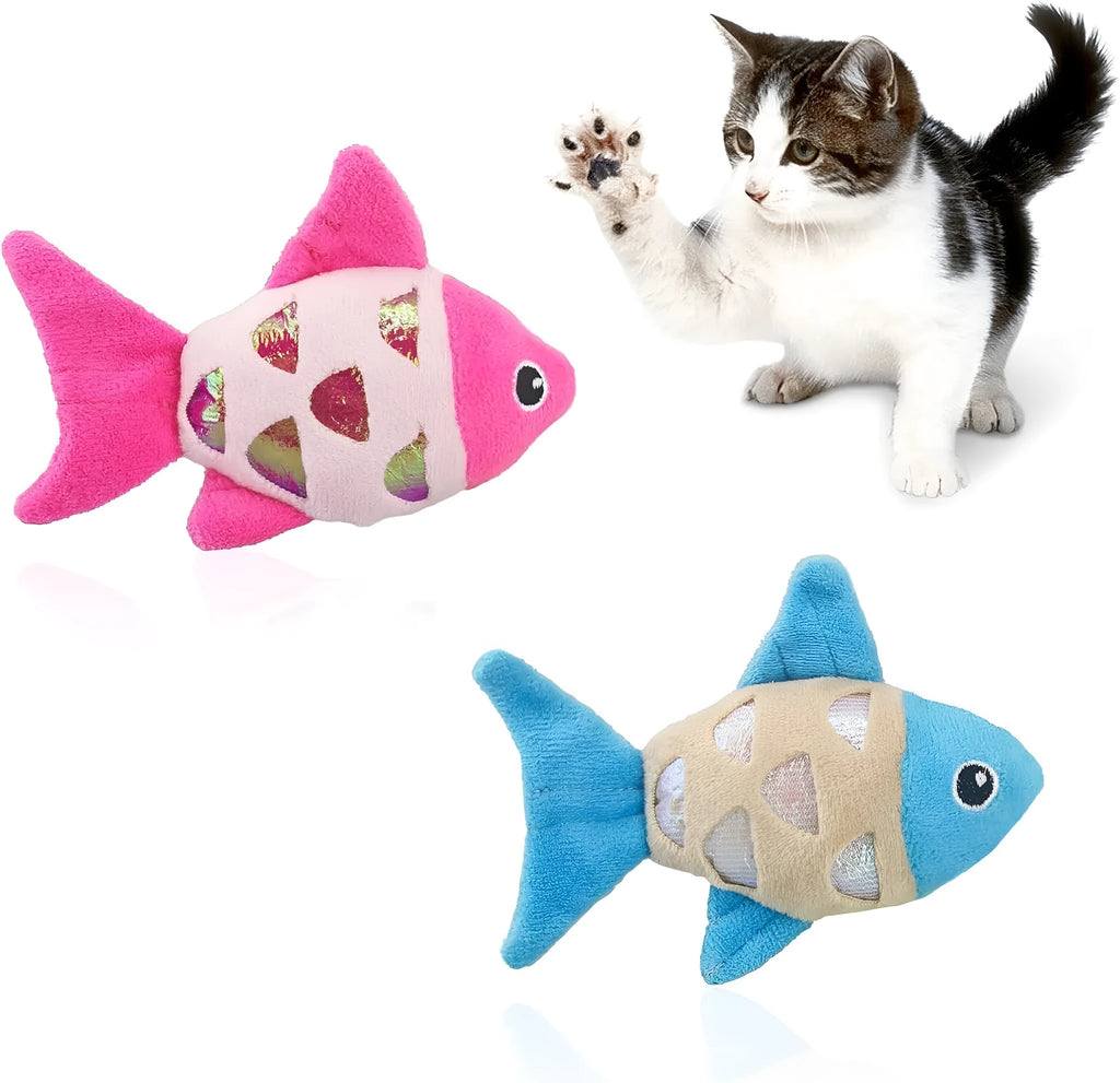 Two small fish-shaped cat toys with plush exterior in assorted colours