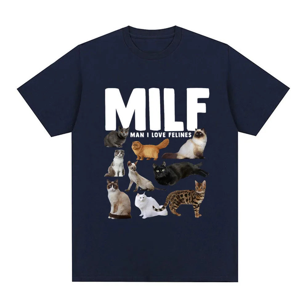 Graphic t-shirt with printed cat lovers design on cotton fabric in multiple colour options