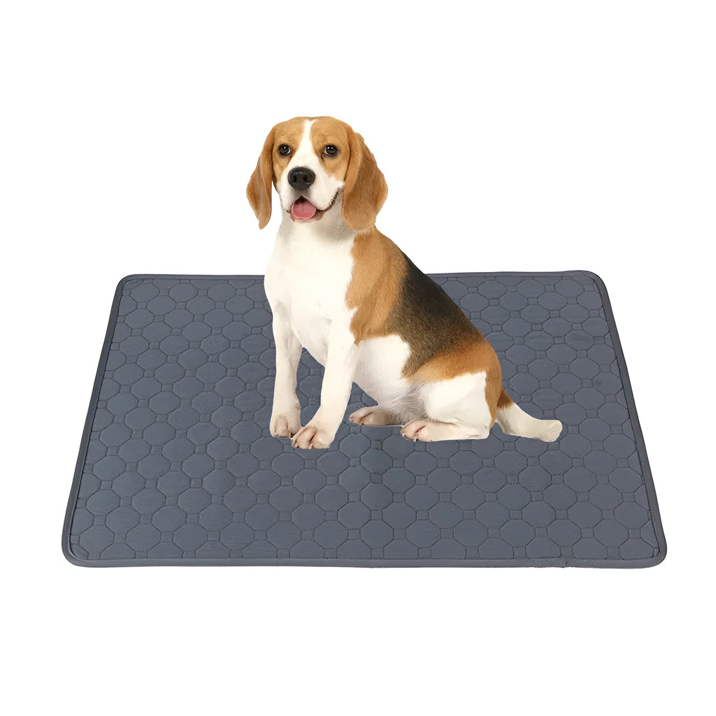Washable dog pee pads in grey and tan colours showing waterproof backing and triple-stitch edges