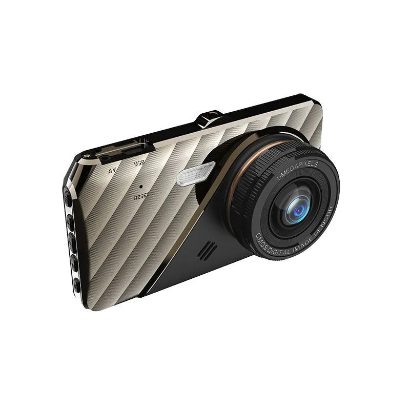 4 inch front and rear dual lens dashboard camera with touch screen display mounted in car