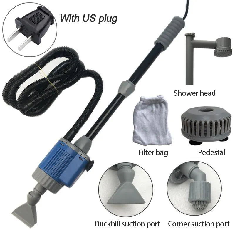 Electric aquarium gravel cleaner with 20W motor, plastic body, hose, and suction ports on white background
