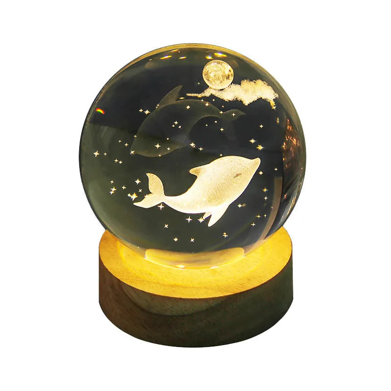 Transparent crystal ball night lamp with carved 3D jellyfish design, USB powered with optional natural light base