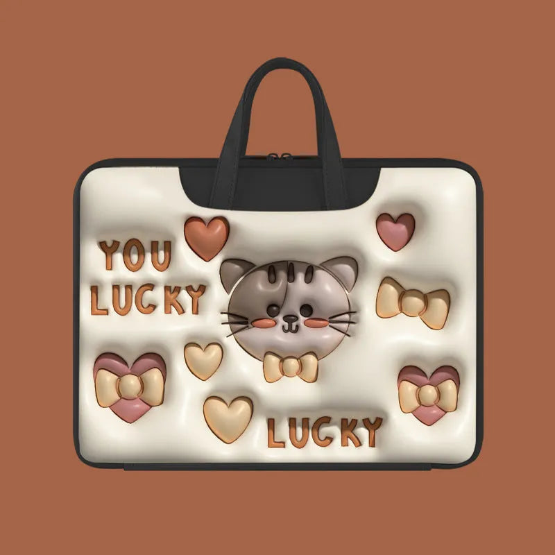 Inflatable laptop bag in PU leather with hanging strap, showing cute panda design for 13-15.6 inch laptops