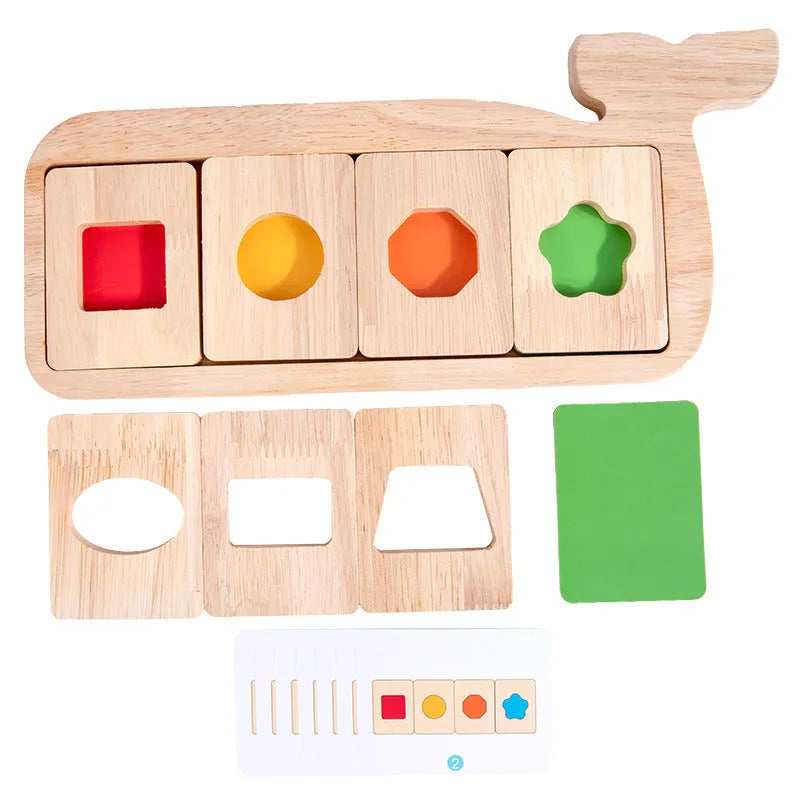 Wooden early education geometry puzzle with colour shape matching, trolley design, on a white background