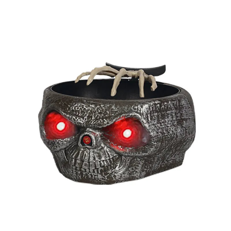 Plastic Halloween candy bowl with motion-activated skeleton hand and lighted red eyes in Grey, Khaki or Pumpkin colour