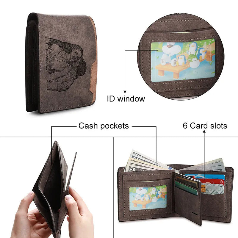Coffee coloured PU leather engraved horizontal short wallet showing personalised text.